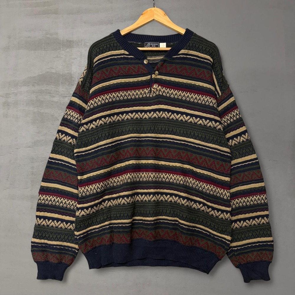Vintage Peconic Bay Traders Henley Sweater Multi‎ Striped Geometric Knit Large